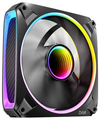 Zwei schwarze Computer-Kühlventilatoren mit farbigen LED-Akzenten, dargestellt in Perspektivansicht. Jeder Ventilator hat einen rechteckigen Rahmen und mehrere Rotorblätter.