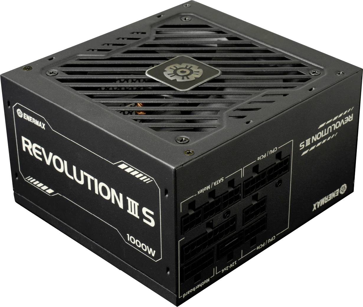 Schwarzes Enermax Revolution III S 1000W Computer-Netzteil mit belüftetem Deckel und modularen Kabelanschlüssen