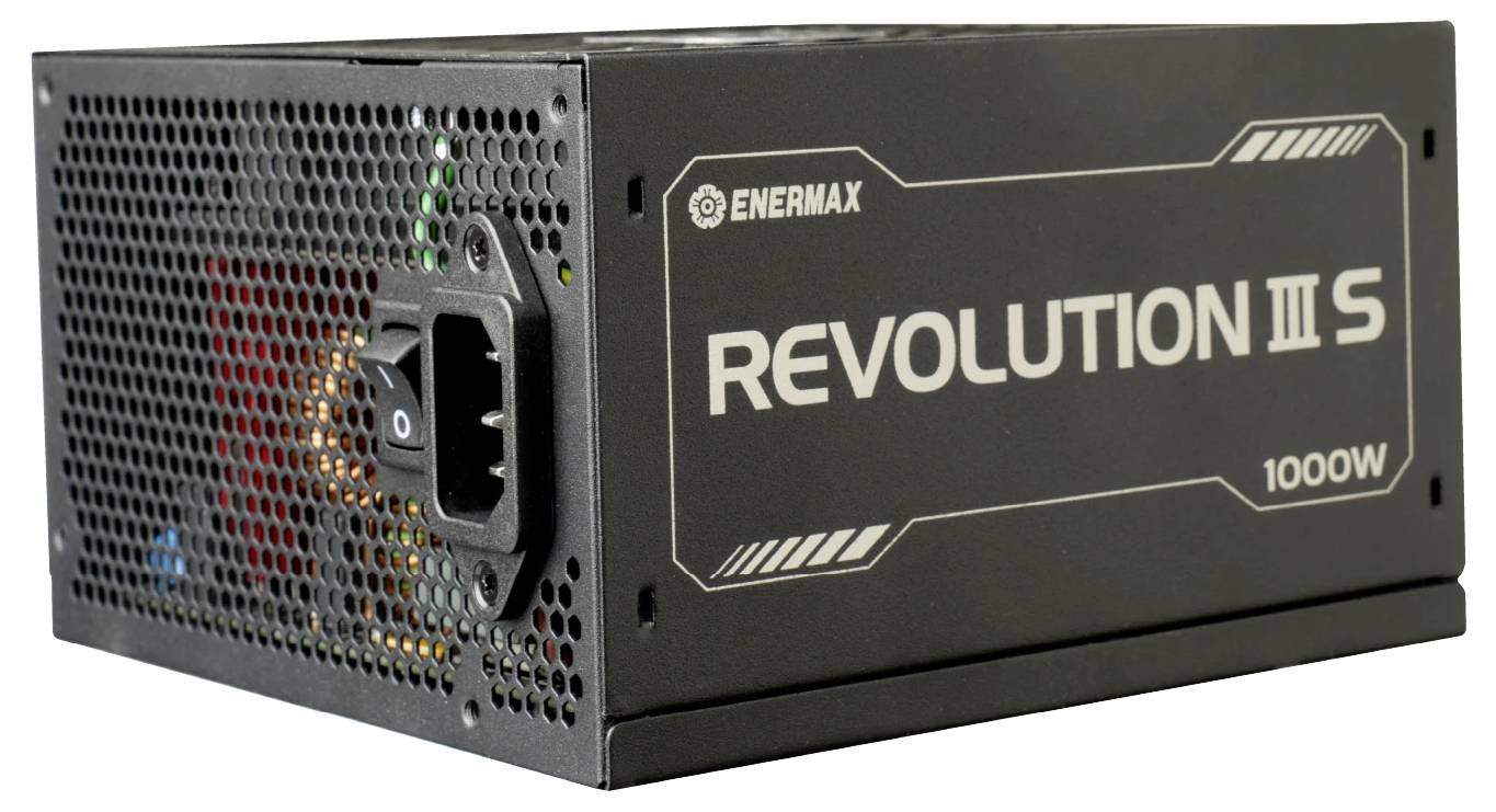 Schwarze Enermax Revolution III S 1000W Computernetzteil mit belüfteter Seitenseite und Stromsteckdose.