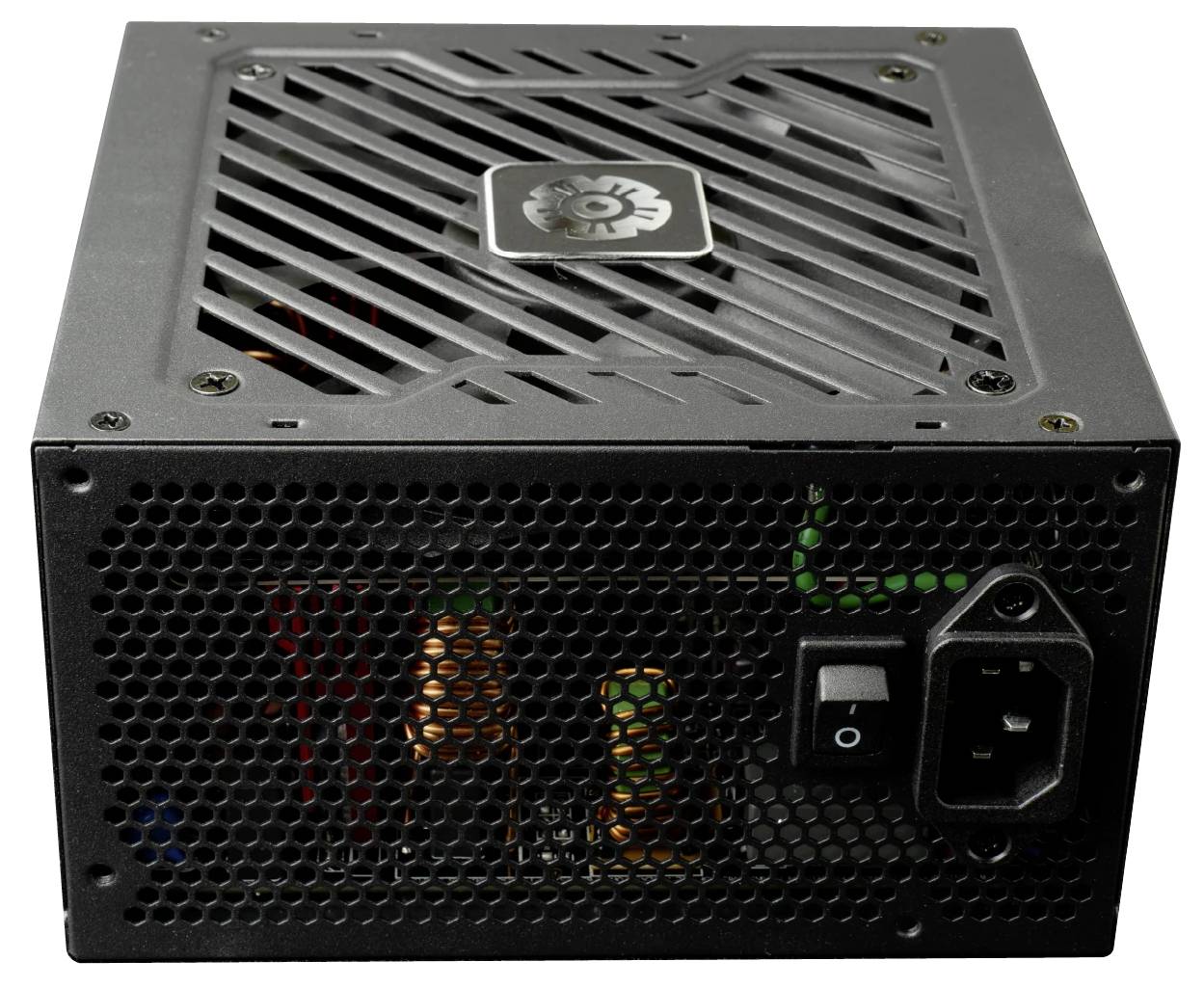 Stromversorgungsgerät für Computer mit Metallgehäuse, Kühlerlüftergitter, Stromschalter und AC-Eingangsbuchse auf der Frontplatte.