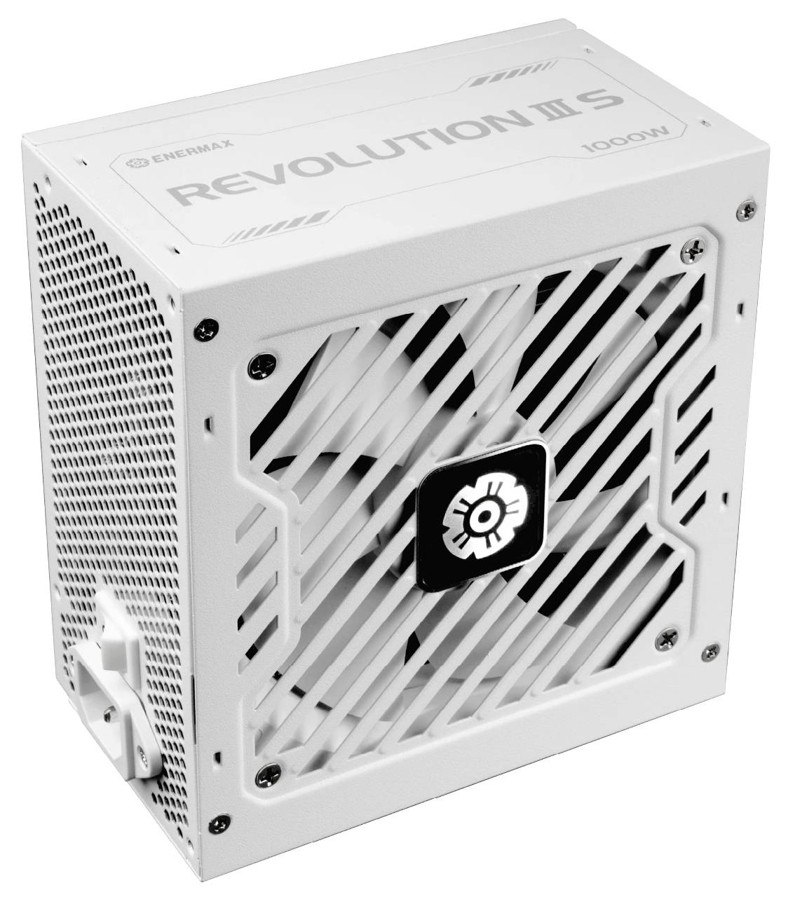 Weiße Enermax 'Revolution III S' 1000W Computernetzteil in Schrägansicht gezeigt.
