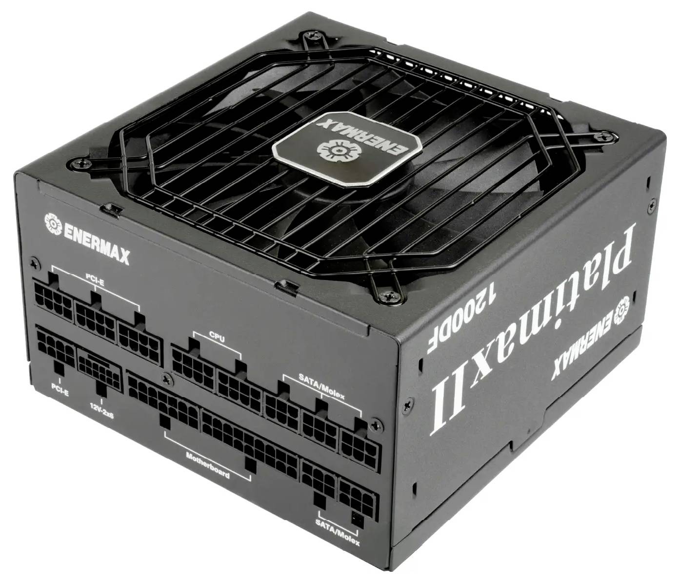 Schwarzes Enermax Platimax II 1200W-Computernetzteil mit oberen Kühlüfter und modularen Kabelanschlüssen