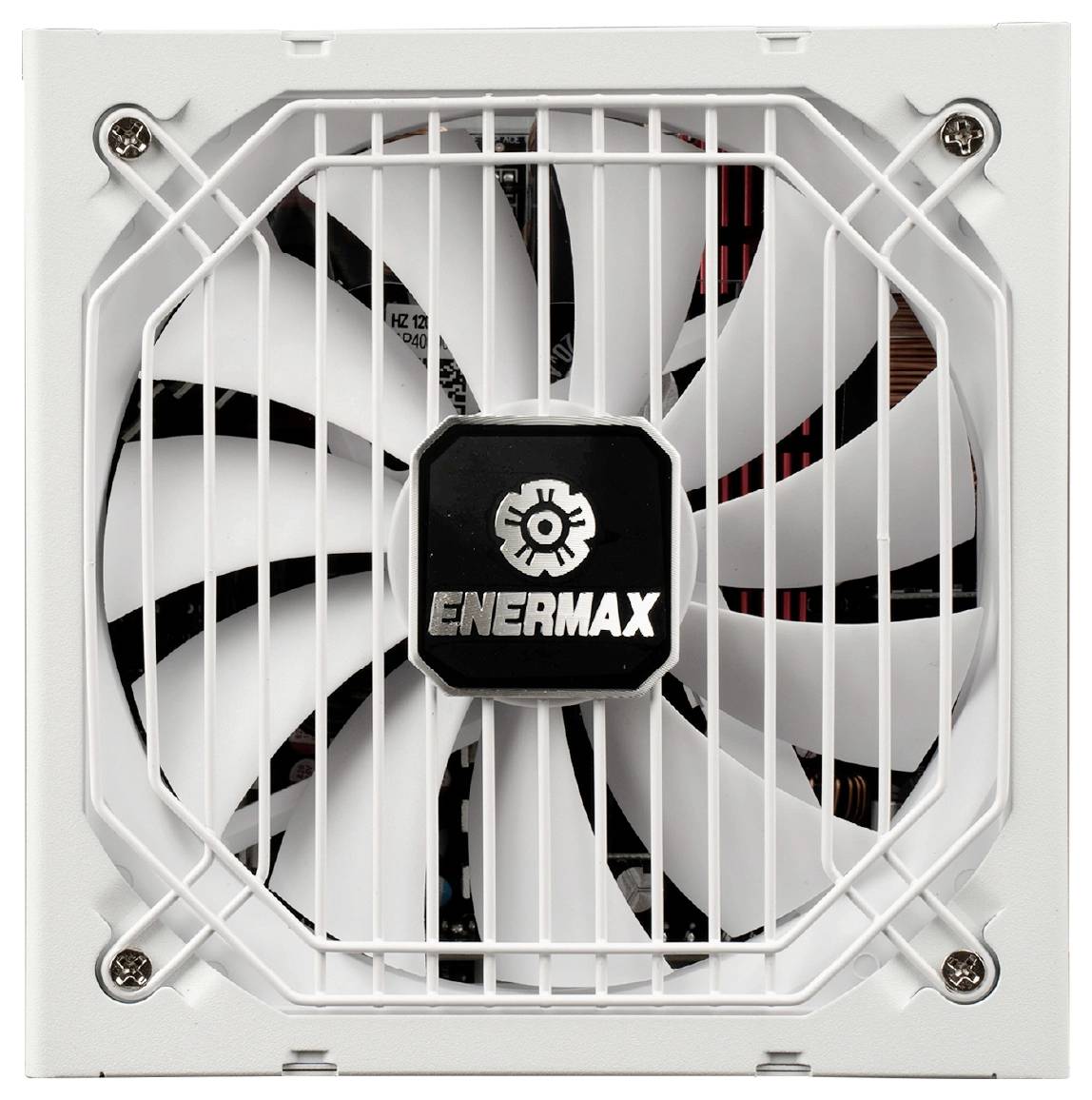 Weißer Enermax-Computerlüfter mit Schutzgitter, frontal dargestellt.