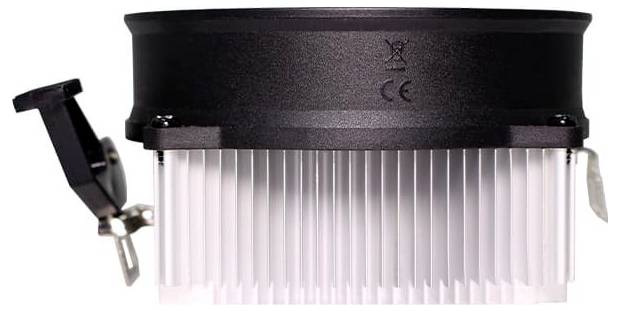 Ein schwarz-silberner Computer-CPU-Kühler mit einem Lüfter oben und Aluminiumkühlrippen unten, entwickelt zur Wärmeableitung.