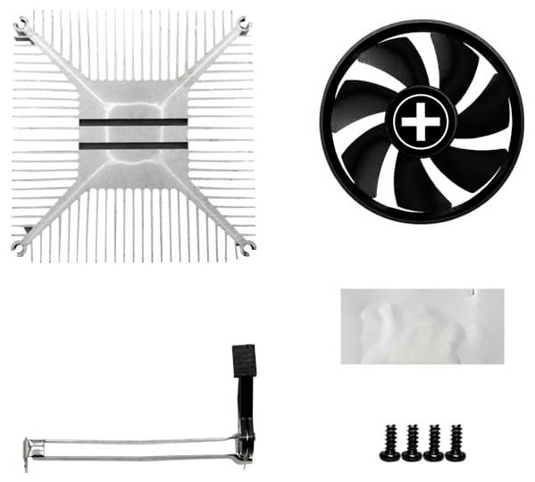 CPU-Kühlteile einschließlich eines Metallkühlkörpers, eines kreisförmigen Lüfters, eines Montagearms, Wärmeleitpaste und Schrauben auf weißem Hintergrund angeordnet.