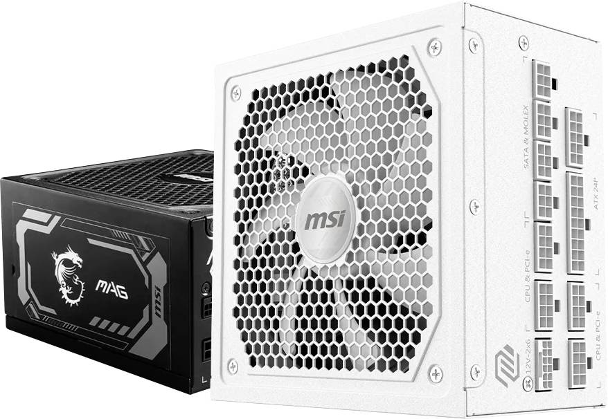 Zwei MSI MAG PC-Stromversorgungseinheiten in Schwarz und Weiß dargestellt, mit sichtbaren Wabenbelüftungsgittern und modularen Kabelanschlüssen.