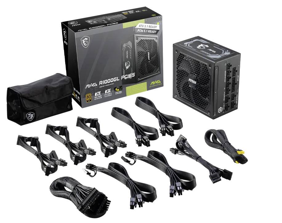 Modulares MSI MAG A1000GL PCIE5-Netzteil mit Karton, Beutel und mehreren abnehmbaren Kabeln auf weißem Hintergrund angeordnet.