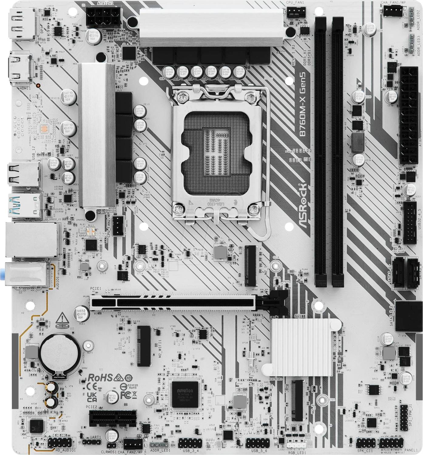 Hauptplatine mit ASRock-Branding mit mehreren Steckplätzen für RAM, PCI-Erweiterungen und einer zentralen CPU-Buchse, auf einem hellfarbigen Schaltplanmuster-Hintergrund.
