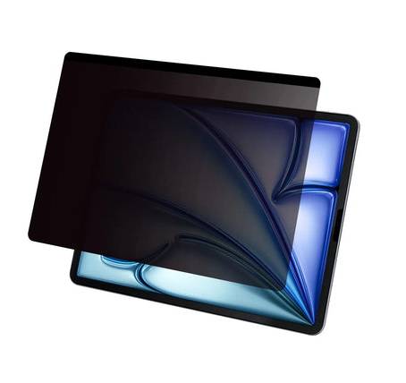 Ein Tablet mit einem Datenschutzbildschirm, der die Anzeige teilweise abdeckt und ein geometrisches blau-schwarzes Design zeigt.