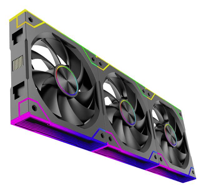 Drei Computer-Kühlventilatoren mit farbenfrohen LED-Akzenten, in einer dynamischen, geneigten Anordnung angeordnet, jeweils mit schwarzen Blättern ausgestattet.