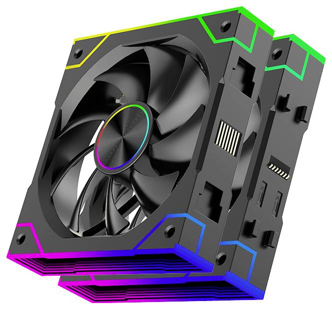 Ein Paar schwarzer Computer-Kühlungsventilatoren mit lebendigen RGB-Beleuchtungsakzenten an ihren Rahmen, entworfen für verbesserte Luftzirkulation in Computersystemen.