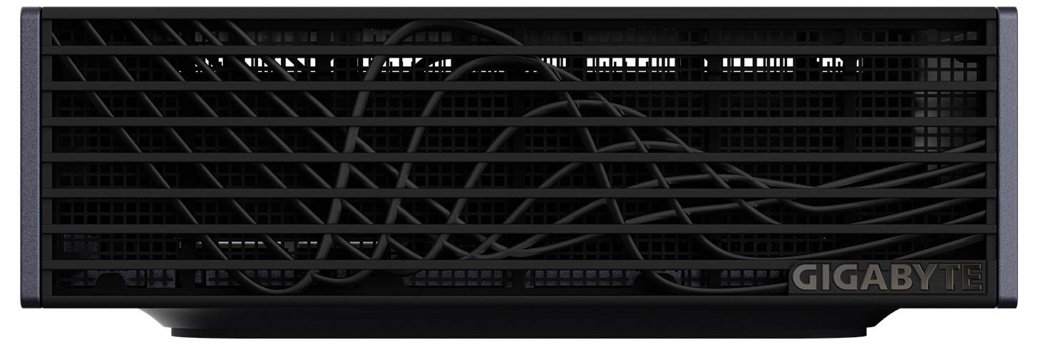 Vorderansicht einer Gigabyte-Grafikkarte mit schwarzem Kühlgehäuse und Doppelventilator-Gitterdesign, das das 'GIGABYTE'-Logo auf der rechten Seite zeigt.