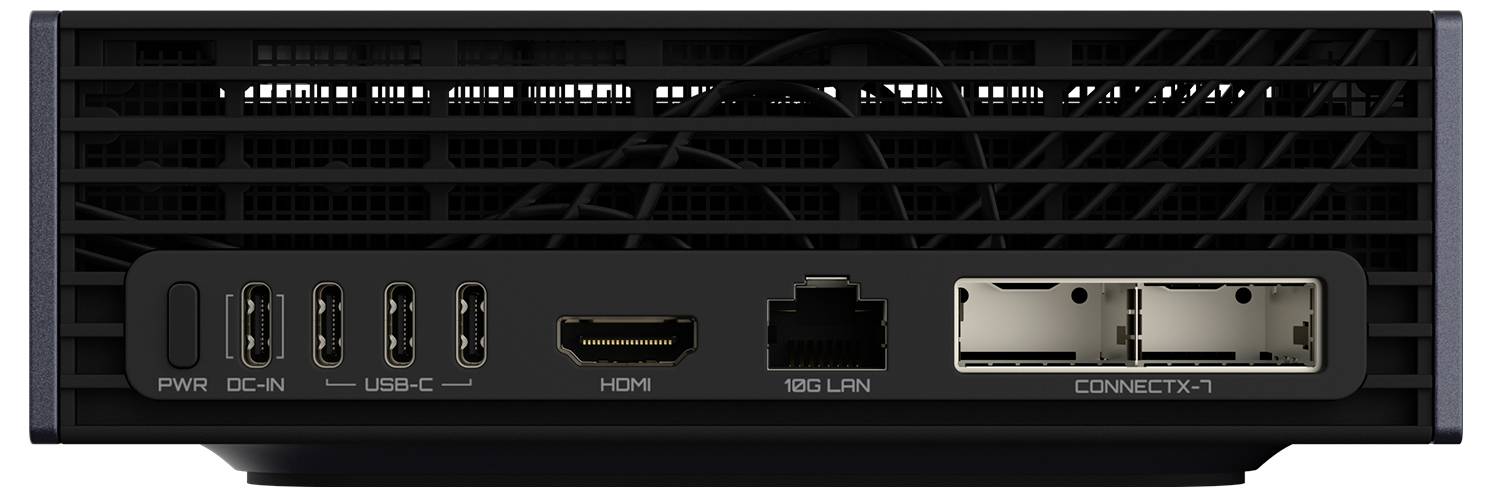 Rückansicht eines schwarzen Geräts mit Anschlüssen mit den Bezeichnungen PWR, DC-IN, USB-C, HDMI, 10G LAN und CONNECTX-7.