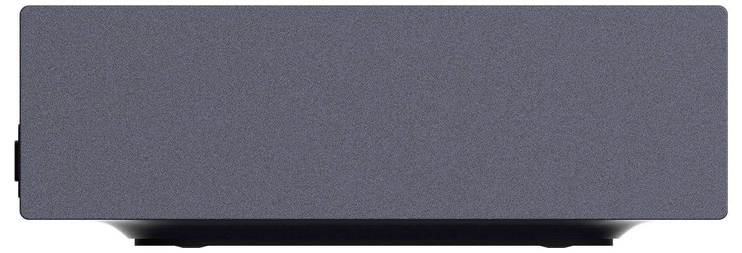 Graues rechteckiges elektronisches Gerät oder Lautsprecher, in Frontansicht mit minimalem Design und schmaler schwarzer Basis gezeigt.