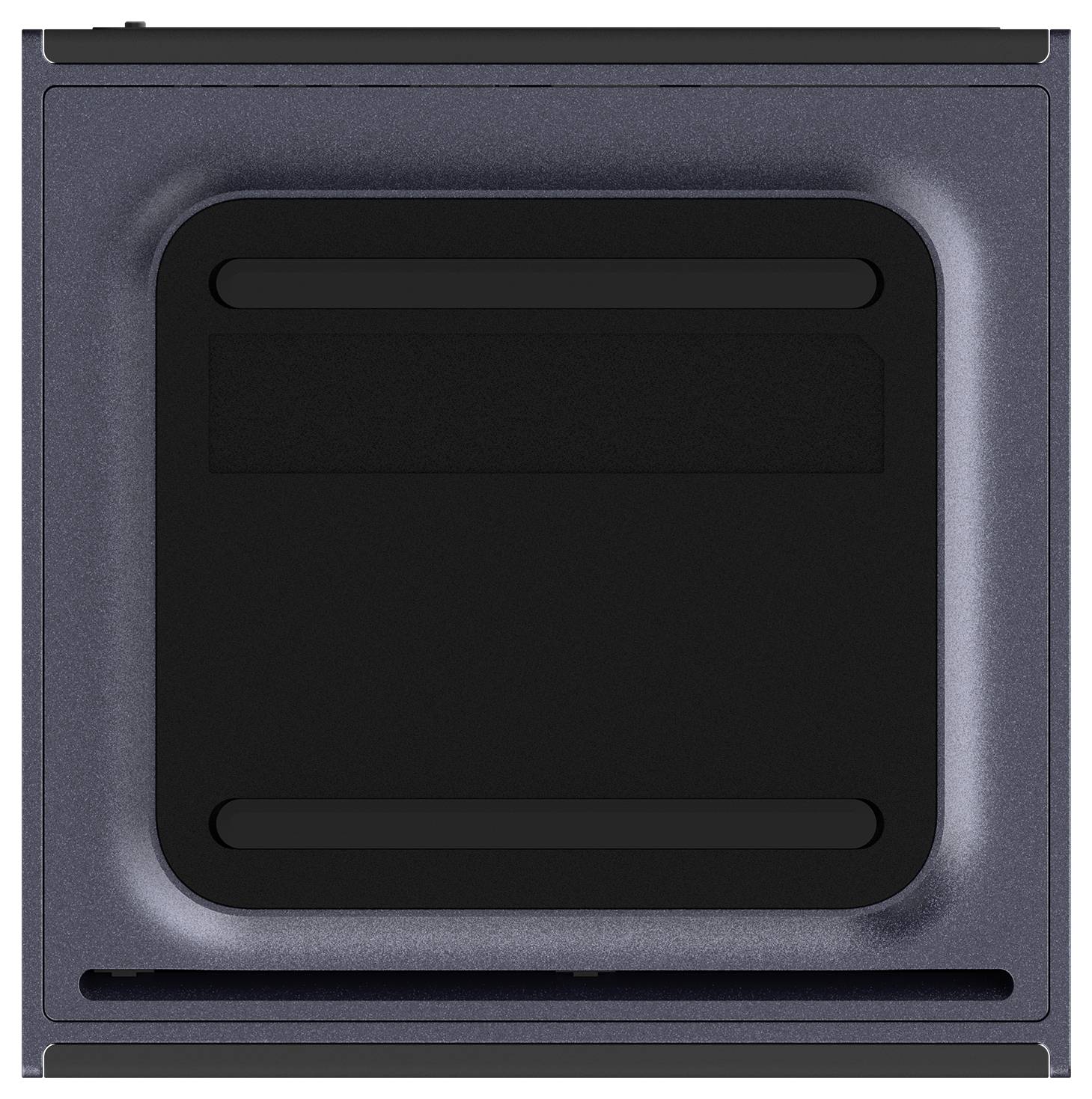 Vorderansicht eines dunkelgrauen elektronischen Gerätepanels mit einer vertieften schwarzen quadratischen Mitte und schmalen horizontalen Schlitzen oben und unten.