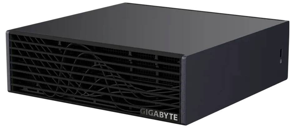 Schwarzes Gigabyte Desktop-PC-Gehäuse oder Mini-PC-Gehäuse mit vorderer Belüftungsgitter und sichtbarem Kühlventilator dahinter.