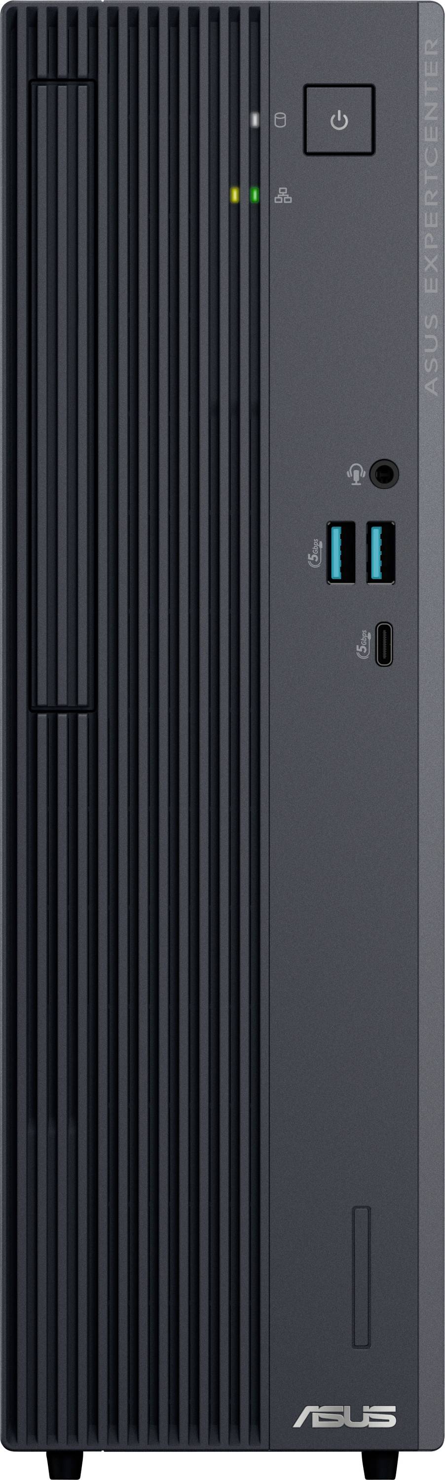 Ein schwarzer ASUS-Desktop-Computerturm mit USB-Anschlüssen und Stromschalter wird von vorne gezeigt.