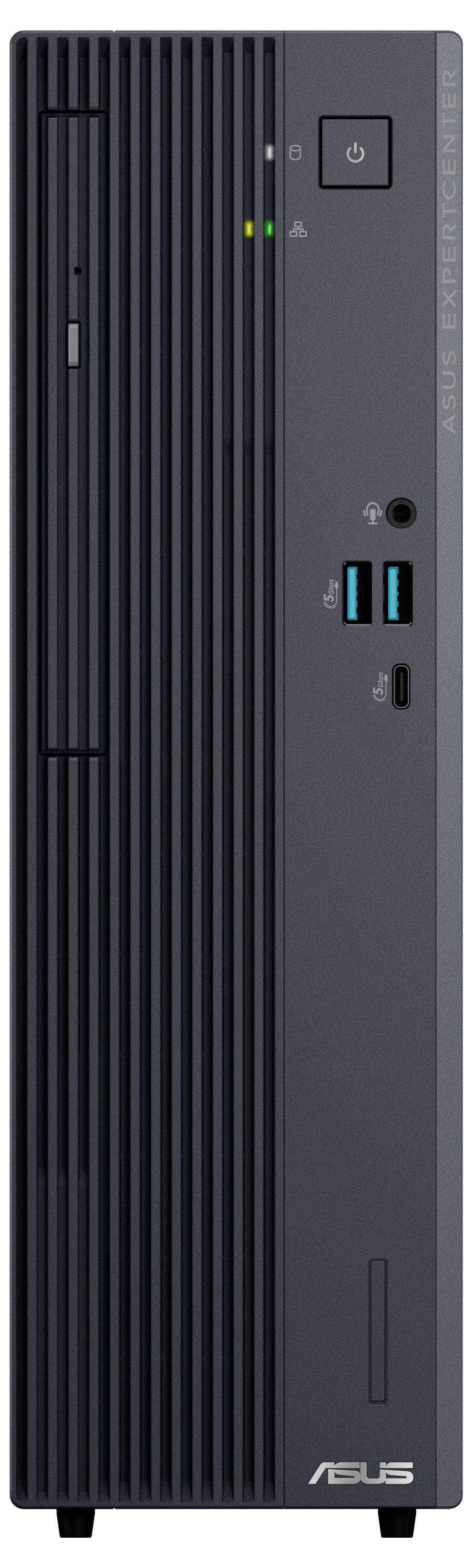 Ein schwarzer ASUS ExpertCenter Desktop-Tower mit vertikalen Linien, USB-Anschlüssen und Tasten auf der Frontplatte.