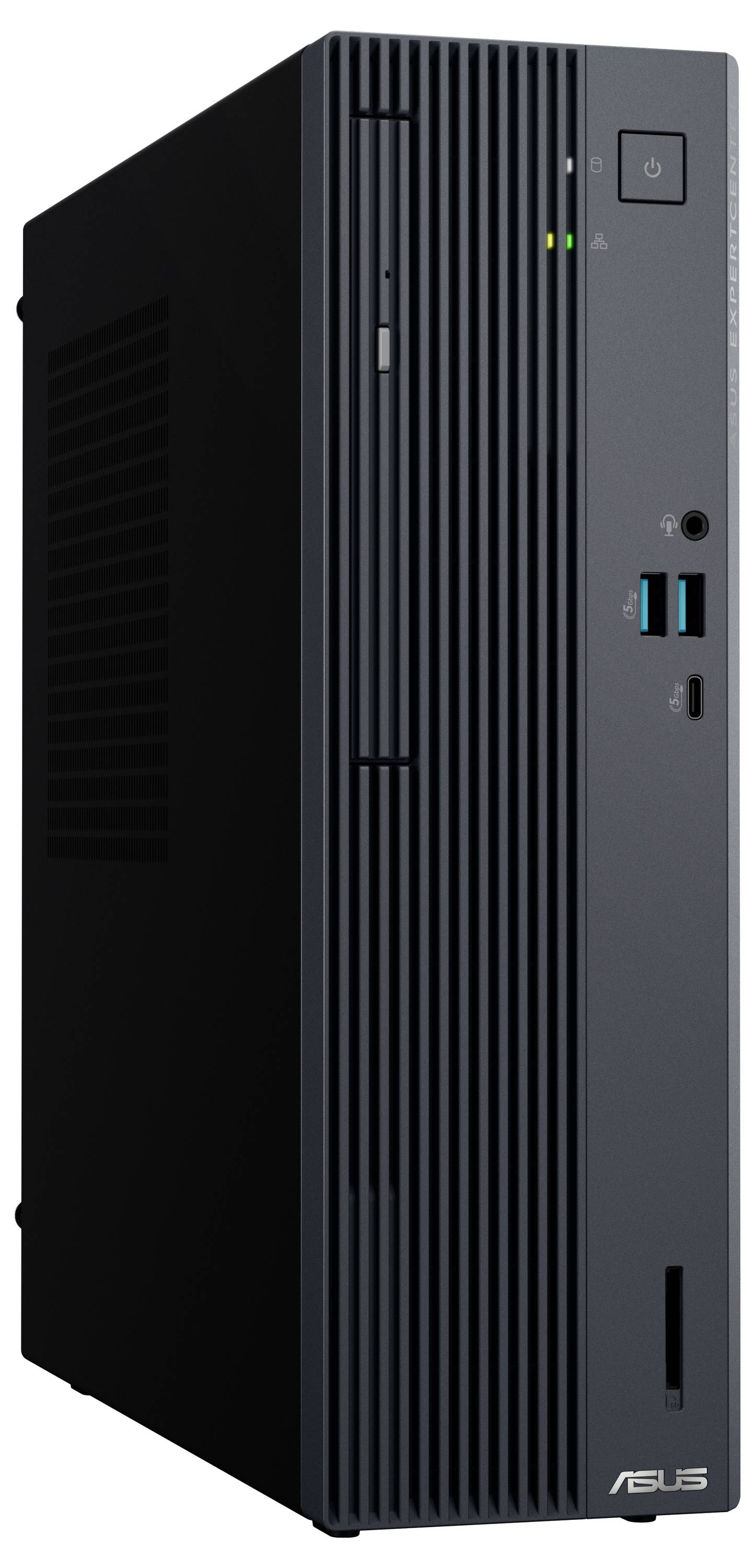 Ein schlanker, schwarzer ASUS-Desktop-Tower mit vertikaler Belüftung, vorne angebrachten USB-Anschlüssen, Kopfhörerbuchse, Ein-/Ausschalter und ASUS-Logo unten.