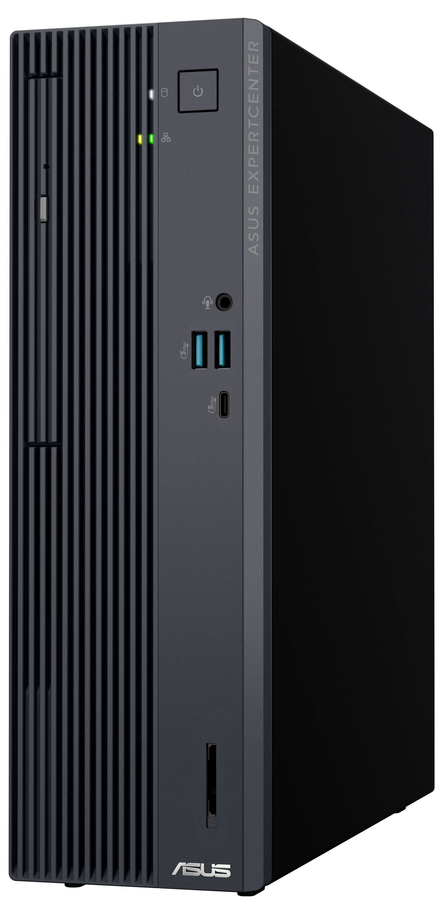 ASUS ExpertCenter Desktop-Tower mit USB-Anschlüssen, Netzschalter und Belüftungsgittern an der Seite.