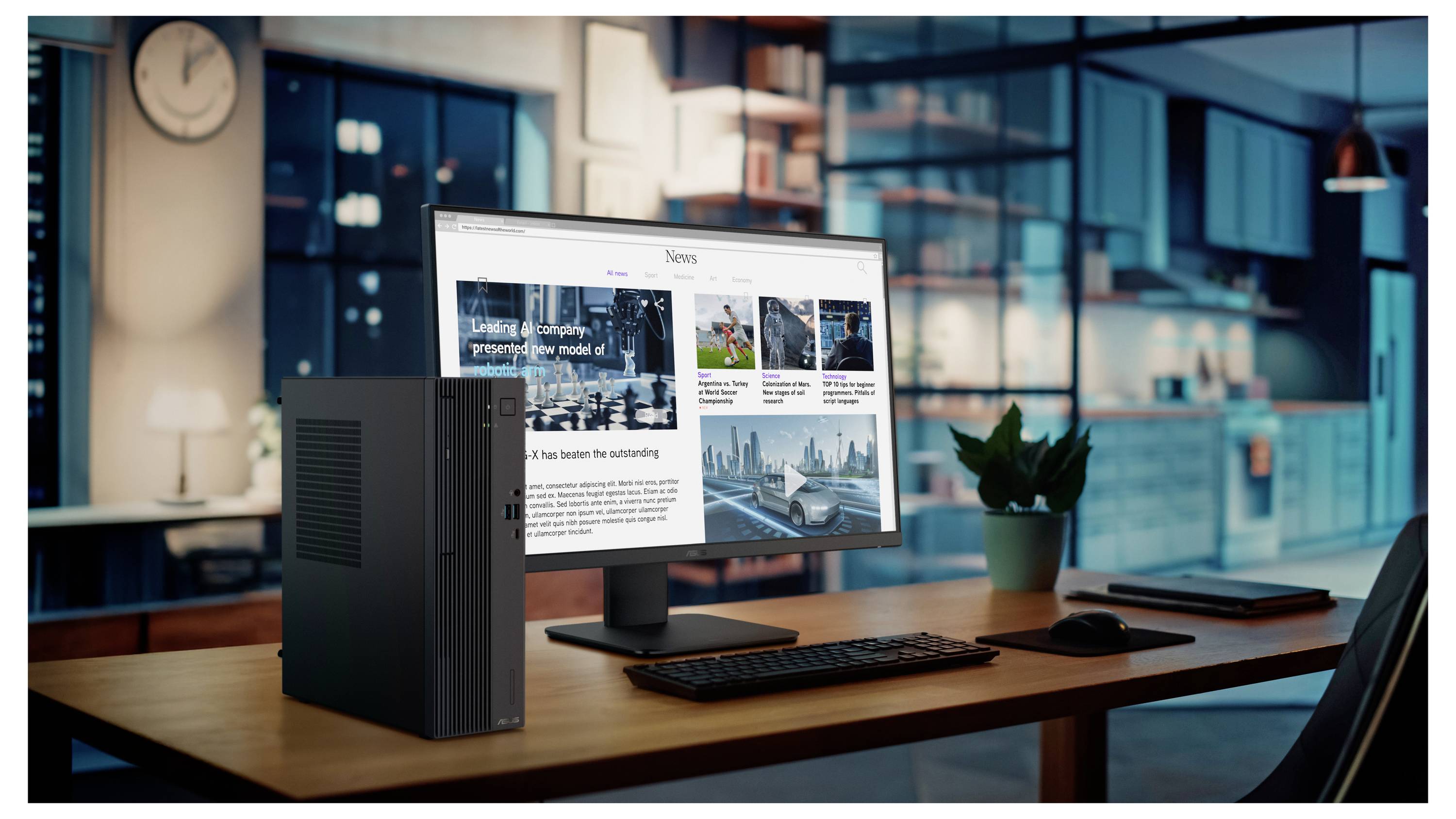 Eine kompakte schwarze ASUS Mini-PC-Frontansicht, die einen Stromschalter, eine Kopfhörerbuchse, zwei USB-3.0-Anschlüsse und einen USB-C-Anschluss mit der Bezeichnung „10G USB