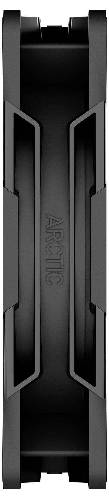 Ein schwarzer zylindrischer Computerlüfter mit sichtbaren Lüfterblättern, mit dem Wort „ARCTIC