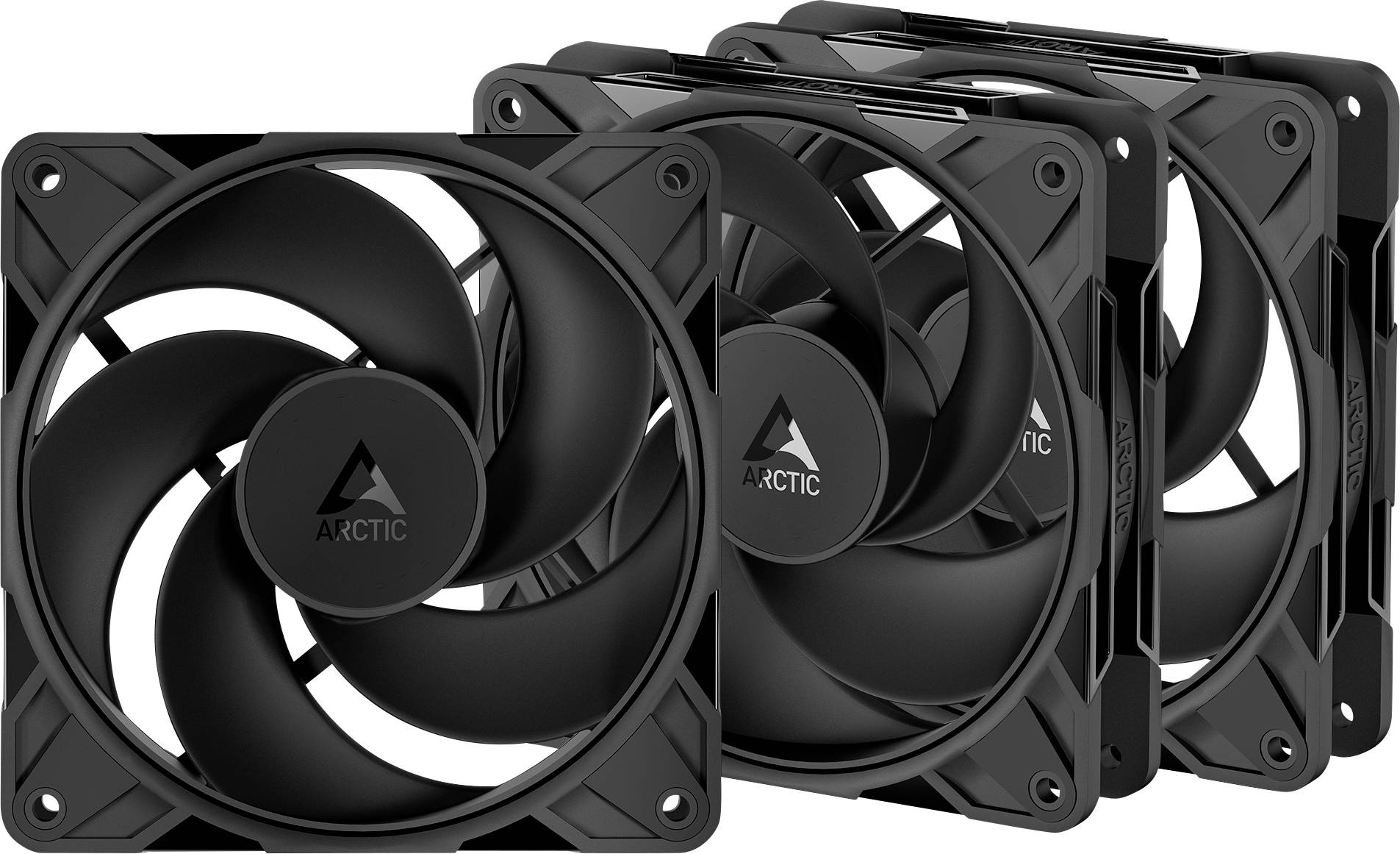 Drei schwarze ARCTIC PC-Kühlventilatoren in einer Reihe, die ihr Design und ihre Markenidentität zeigen; geeignet für leistungsstarke Computerkühllösungen.