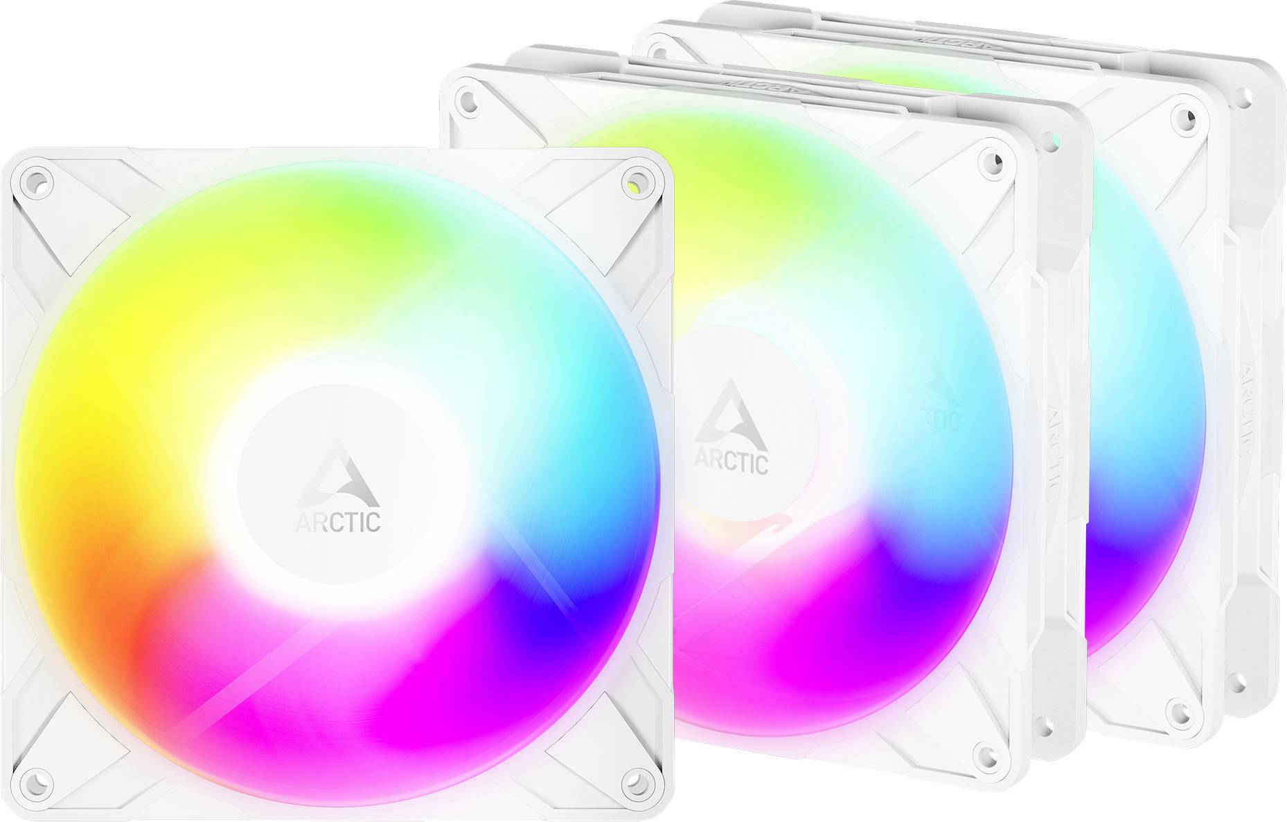 Drei weiße Computer-Kühlventilatoren mit farbenfroher LED-Beleuchtung in einem Farbverlauf aus Rosa, Blau, Gelb und Grün, die das Logo 
