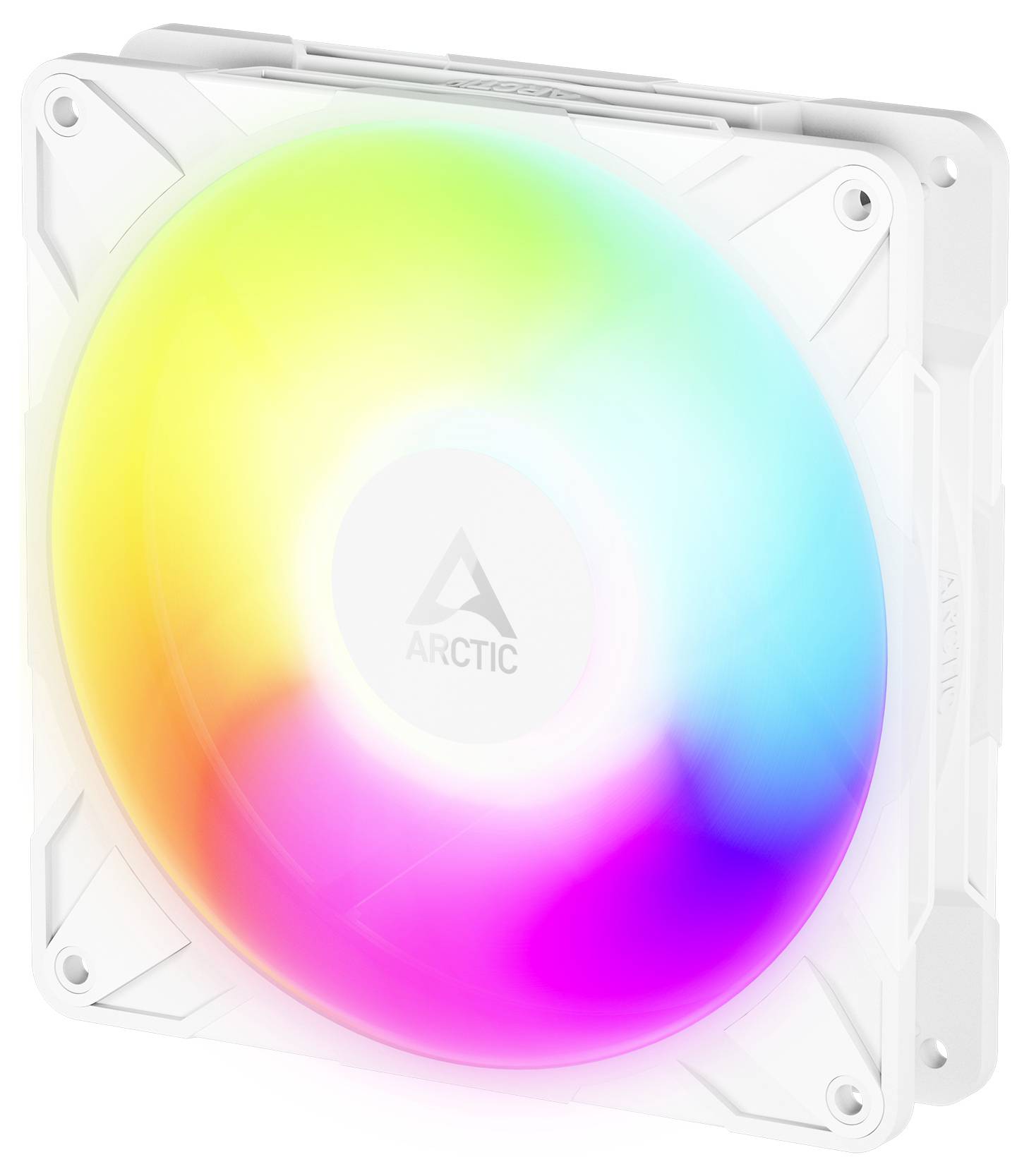 Ein weißer ARCTIC-Computerlüfter mit mehrfarbigen LED-Lichtern, der ein Farbspektrum von Gelb bis Lila anzeigt.