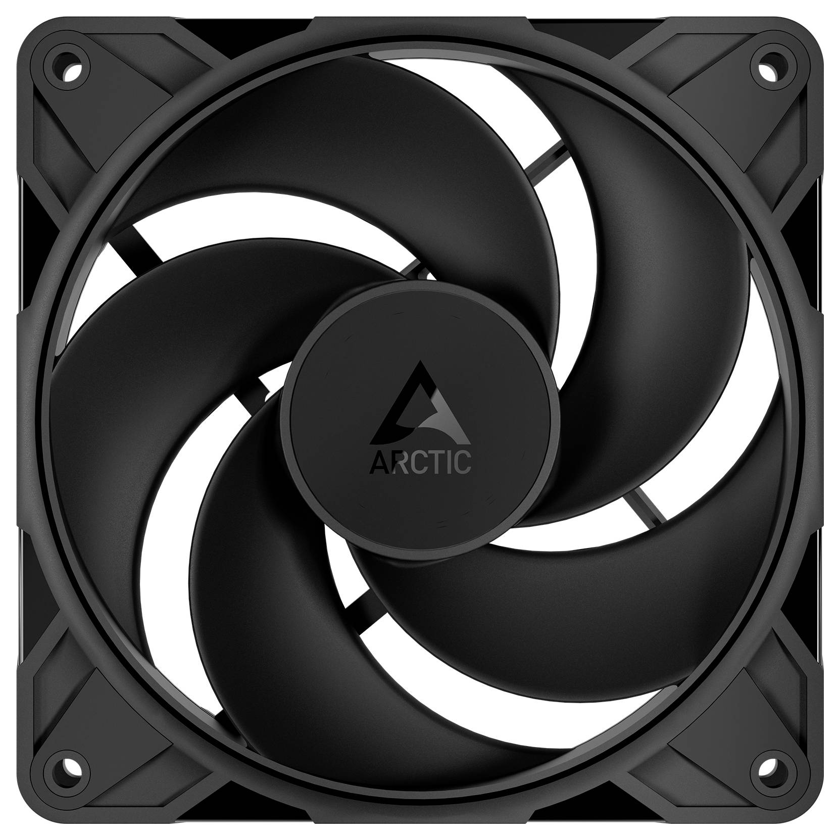 Ein schwarzer Computer-Kühlüfter mit vier Blättern und einem quadratischen Rahmen, der das Logo 'ARCTIC' in der Mitte anzeigt.