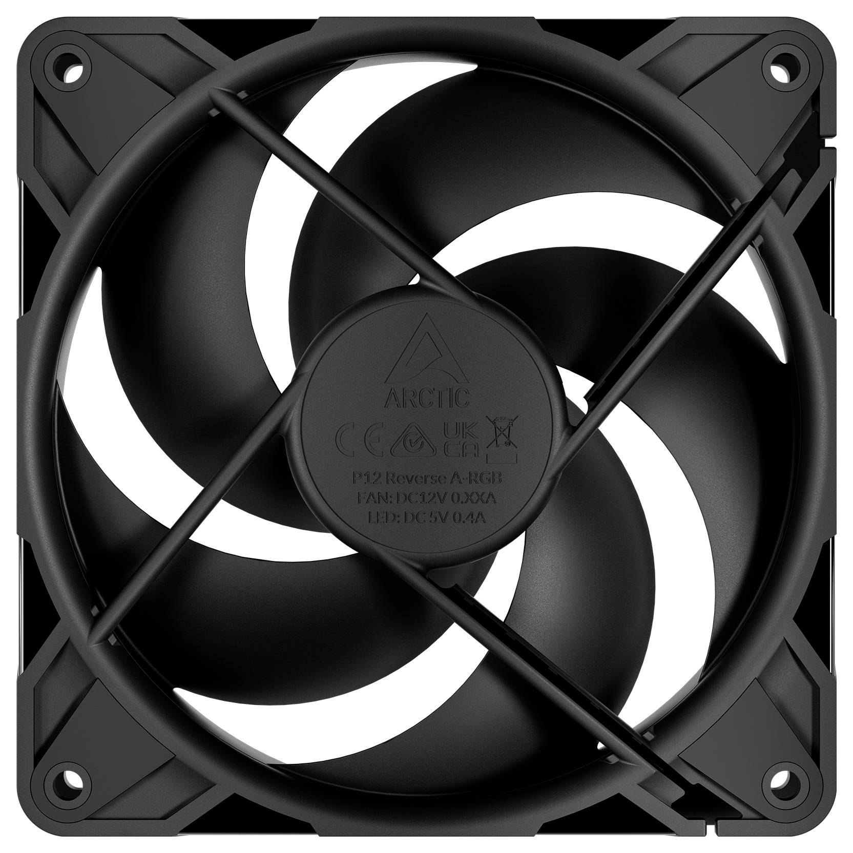 Ein schwarzer Computer-Kühlventilator mit fünf gekrümmten Blättern und einem quadratischen Rahmen, entwickelt für Luftzirkulation und Wärmeableitung in elektronischen Geräten.