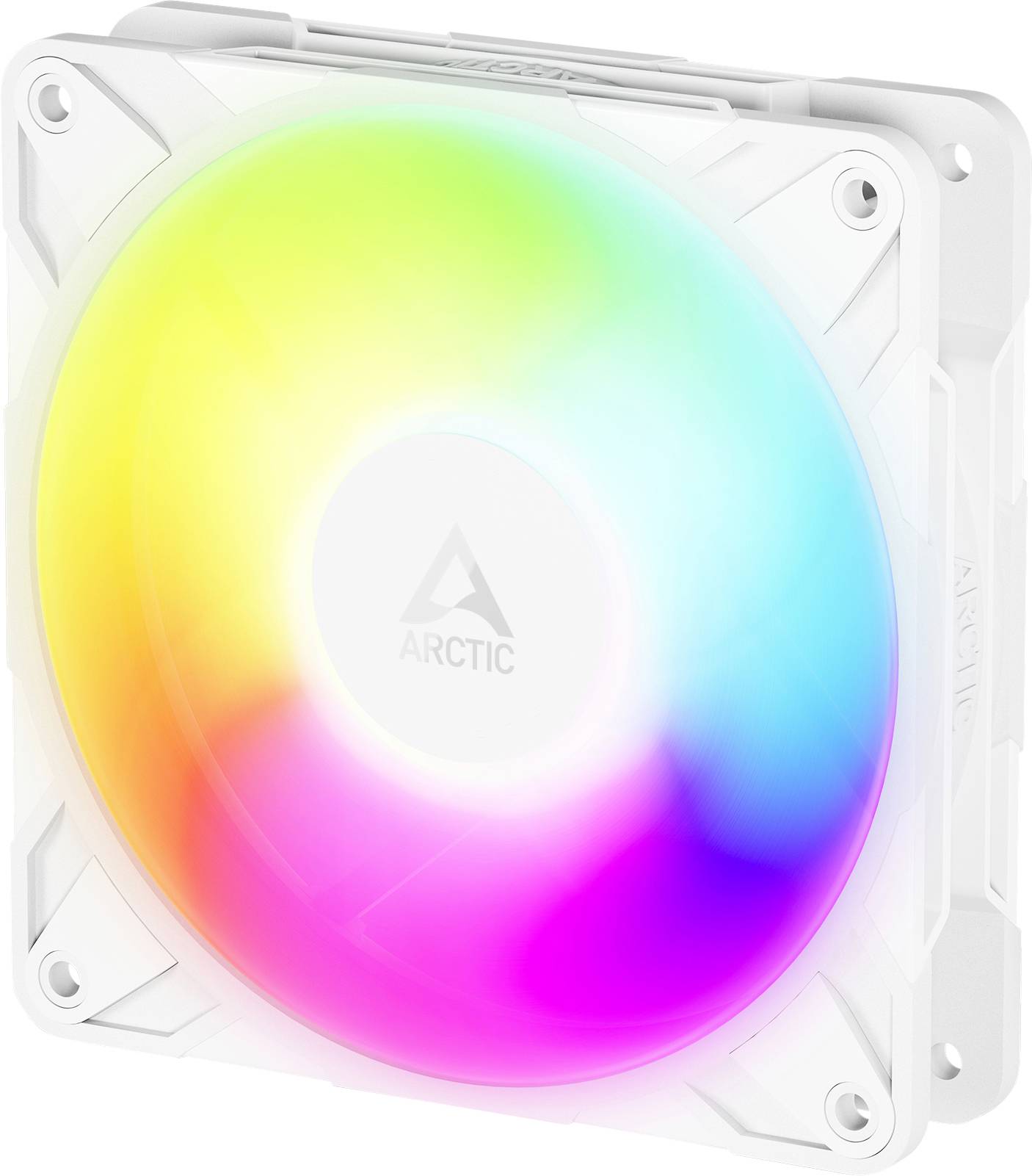 Ein Computerlüfter in einem weißen Gehäuse mit lebendiger RGB-Beleuchtung, die durch Farben übergeht. Der Lüfter trägt das Logo 