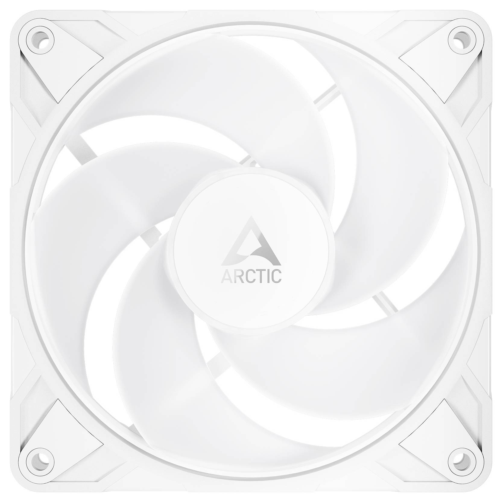 Ein weißer Kühlventilator mit kreisförmigem Design und der Bezeichnung „ARCTIC
