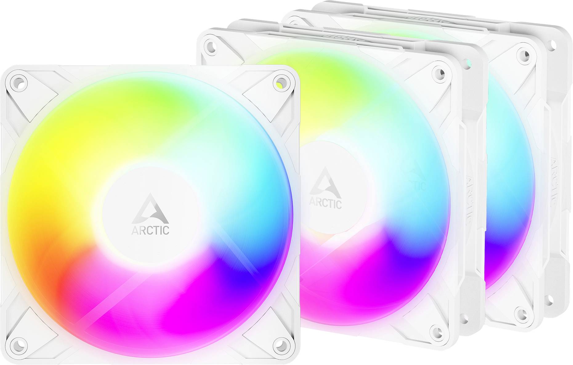 Drei ARCTIC-Computerkühler mit farbenfrohen RGB-Beleuchtung in einem Farbverlaufsmuster, das lebendige Farben von Gelb bis Pink präsentiert.