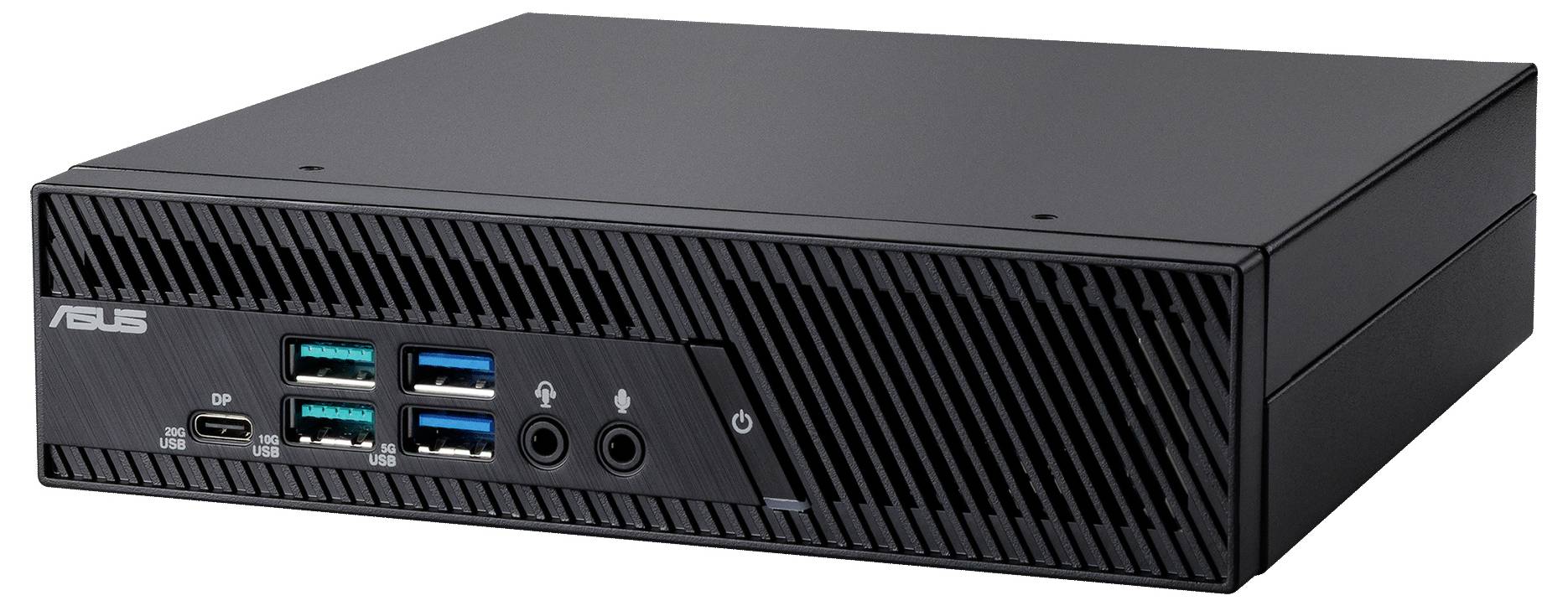 Ein kompakter schwarzer Computer mit mehreren USB-Anschlüssen und einem ASUS-Logo auf der Frontplatte, entwickelt für vielseitige Verwendung in kleinen Räumen.