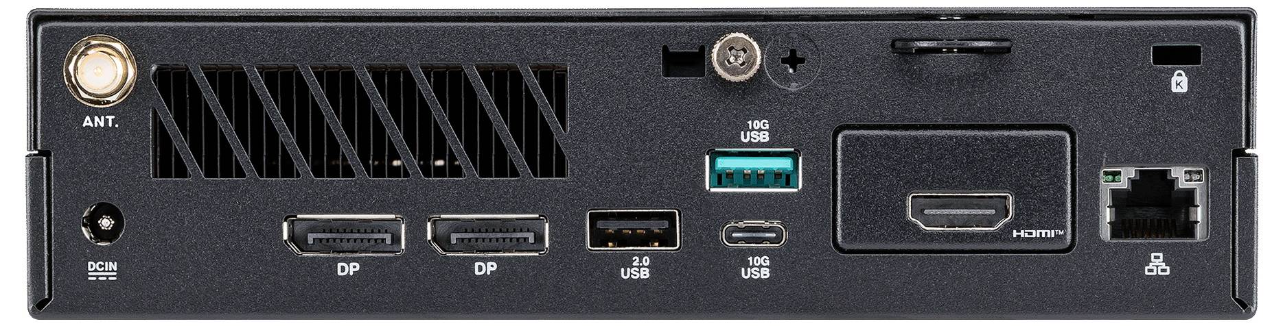 Das Bild zeigt die Rückseite eines schwarzen elektronischen Geräts mit verschiedenen Anschlüssen, darunter HDMI, DisplayPort, USB, Ethernet und einen Antennenanschluss.