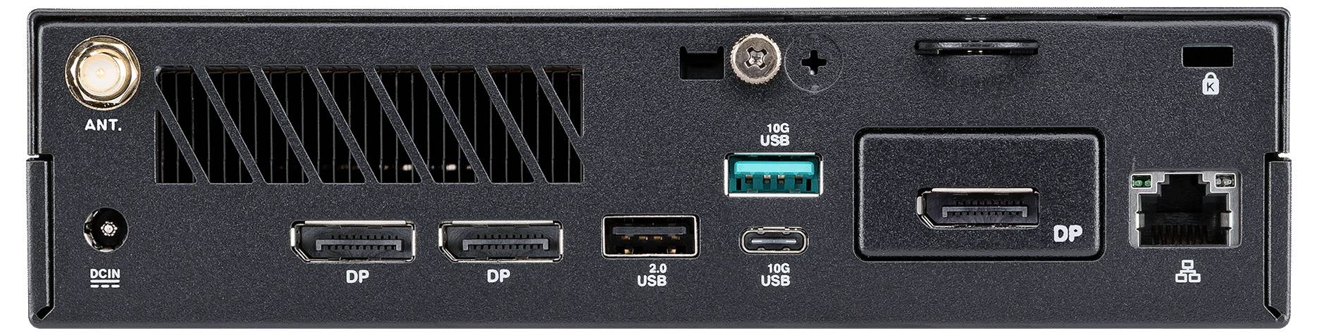 Rückseite eines Computers mit mehreren Anschlüssen: Antenne, zwei DisplayPorts, USB-Anschlüsse, HDMI, Ethernet und Stromstecker.