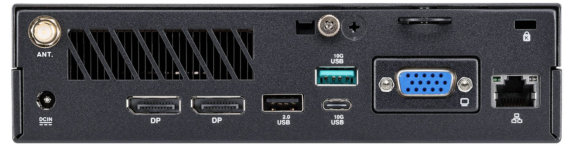 Ein kompakter, schwarzer Gaming-PC mit schlankem Design, ausgestattet mit USB-Anschlüssen, Lüftungsöffnungen und einem Logo an der Seite. Er steht aufrecht auf einem Sockel.