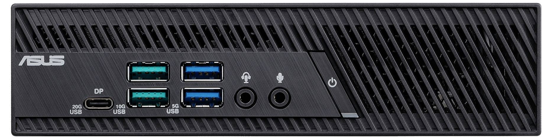 Ein kompaktes schwarzes ASUS Mini-PC-Frontpanel mit mehreren USB-Anschlüssen, Audio-Buchsen, Stromschalter und ASUS-Logo auf der linken Seite.