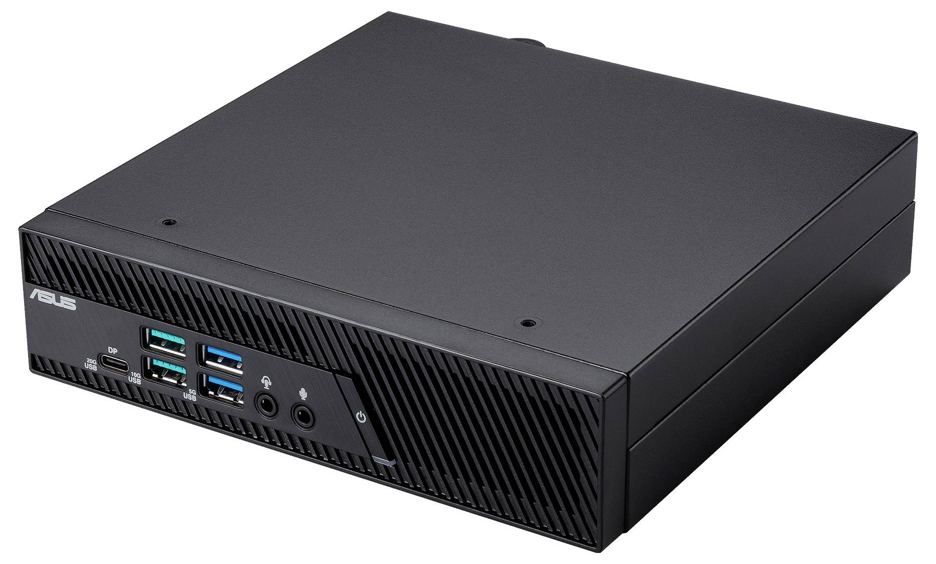 Ein schwarzer ASUS Mini-PC mit mehreren USB-Anschlüssen und Audiobuchsen an der Vorderseite, entwickelt für kompaktes Rechnen.