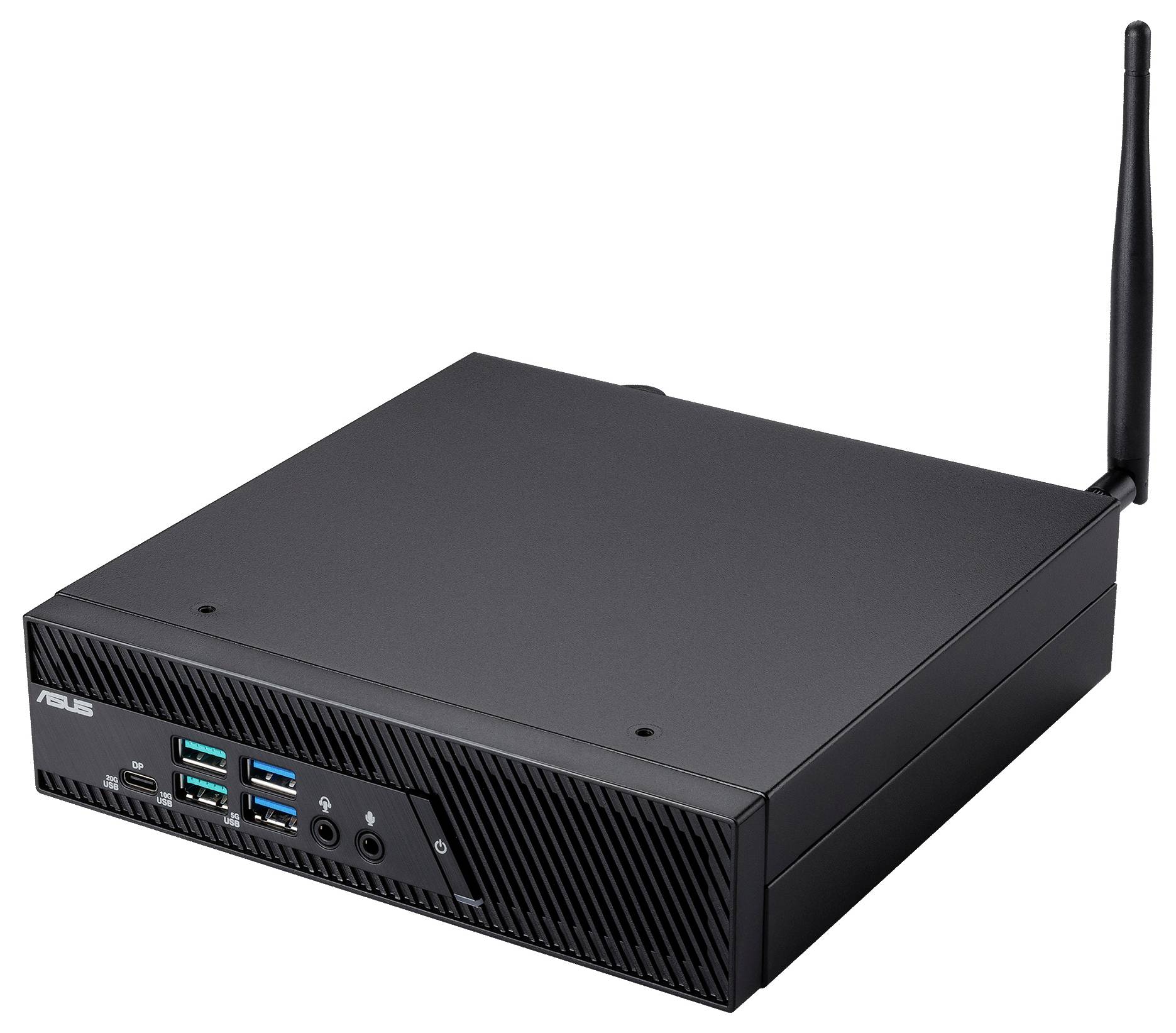 Eine kompakte schwarze kabellose Computereinheit mit mehreren USB-Anschlüssen auf der Frontplatte und einer Antenne für die Konnektivität.