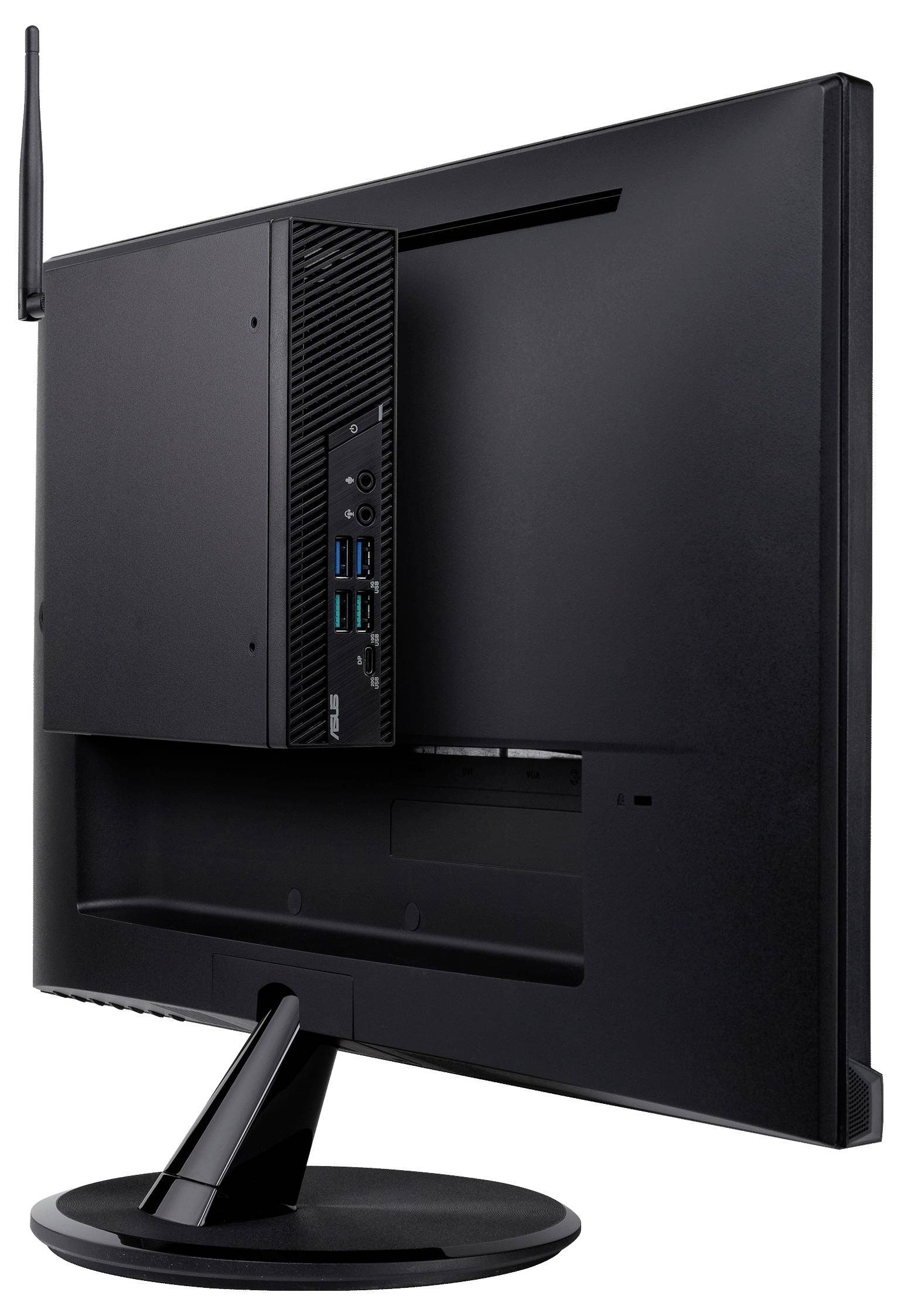 Ein schwarzer Computer-Monitor mit schlankem Profil, von hinten betrachtet, der Anschlüsse und eine Antenne für drahtlose Konnektivität zeigt.
