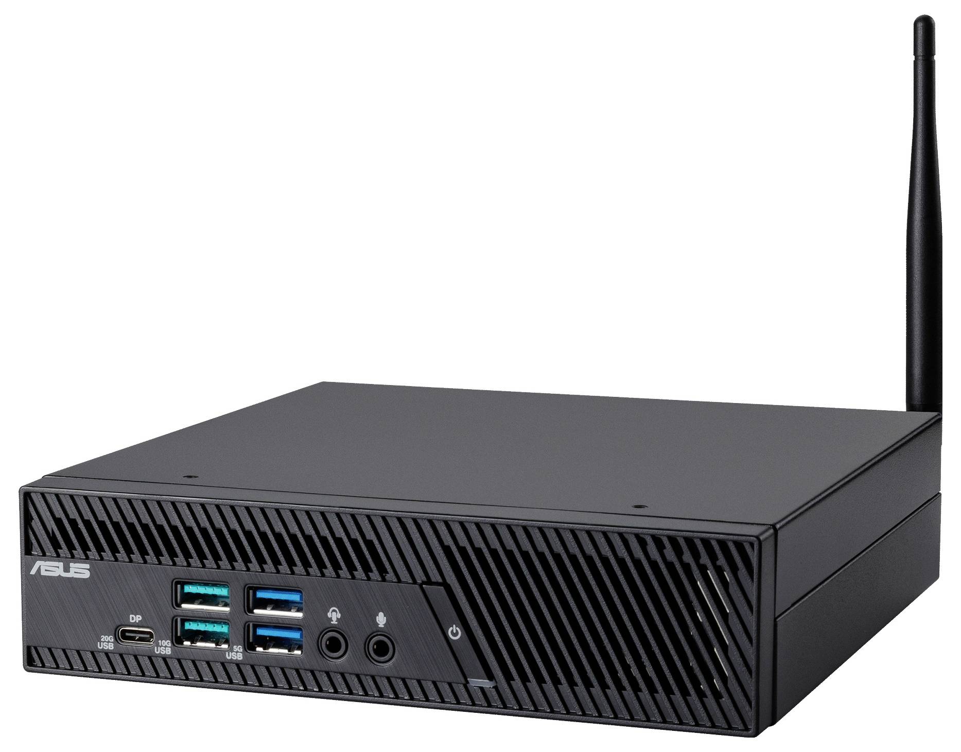 Zwei gestapelte kompakte ASUS Mini-PCs mit Anschlüssen für USB, HDMI und Ethernet an der Seite. Gekennzeichnet mit „ASUS NUC