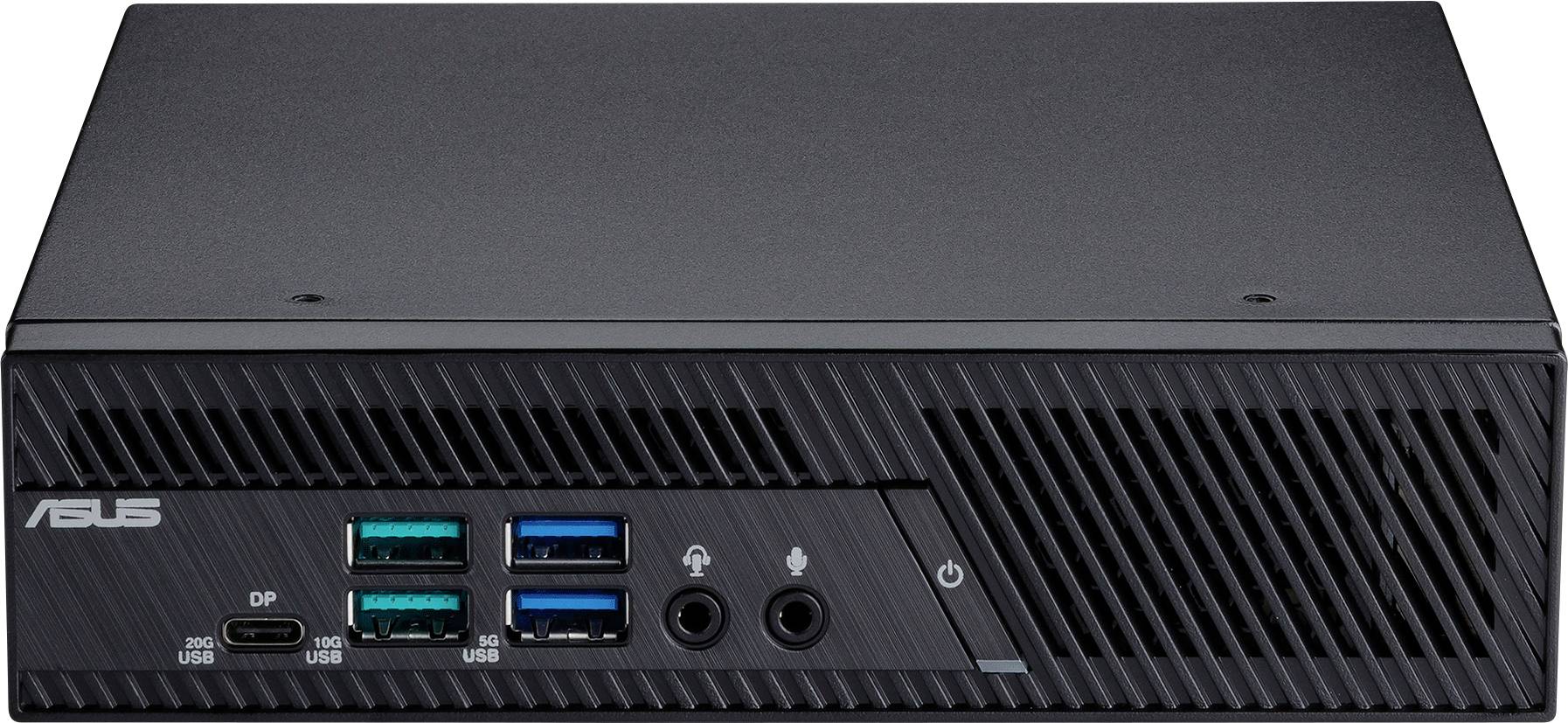 Ein kompakter schwarzer ASUS Mini-PC mit mehreren USB-Anschlüssen, Audiobuchsen und einer Stromtaste auf der Frontplatte.