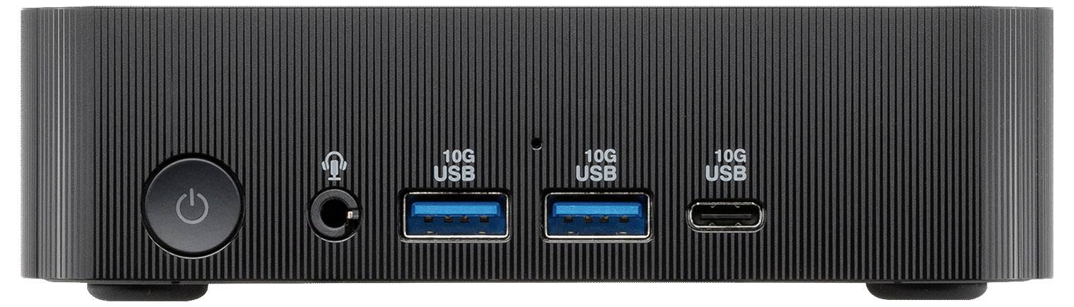 Ein schwarzer Computer-Hub mit Ein-/Ausschalter, Kopfhörerbuchse, zwei USB-A-Anschlüssen mit der Bezeichnung 