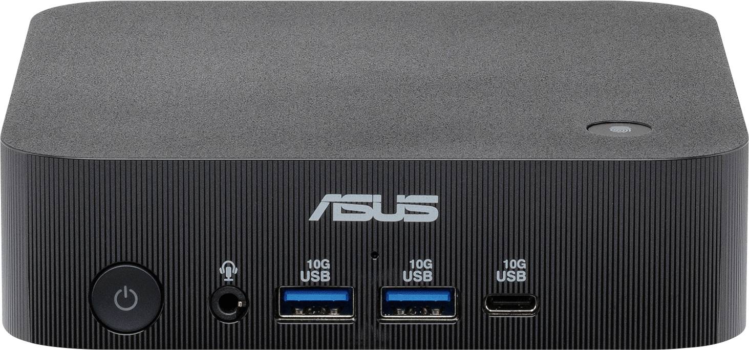 Ein kompakter ASUS Mini-PC mit einem Stromschalter, einer Kopfhörer-Buchse, zwei USB-3.0-Anschlüssen und einem USB-C-Anschluss auf seiner Frontplatte.