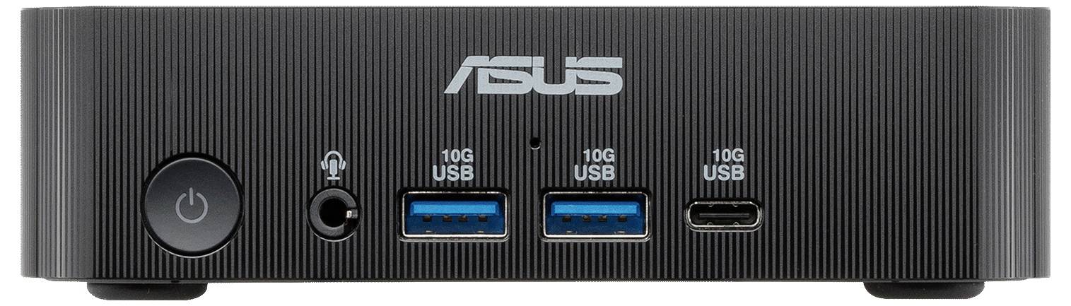 Ein kleiner, weißer ASUS-Computer mit zwei USB-Anschlüssen und einem Netzschalter auf der Vorderseite, konzipiert für kompakte Desktop-Nutzung.