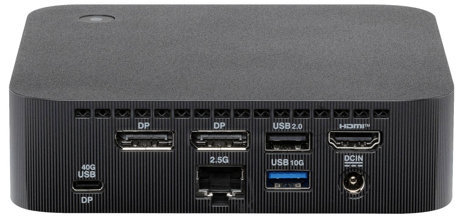 Rückansicht einer Computer-Dockingstation mit verschiedenen Anschlüssen, einschließlich DisplayPort, USB, HDMI, Ethernet und DC-Stromeingabe.