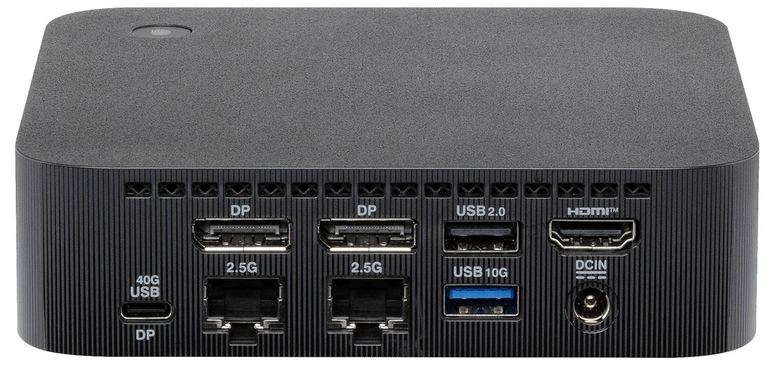 Ein schwarzes elektronisches Gerät mit mehreren Ein-/Ausgabeanschlüssen, darunter drei DisplayPorts, zwei USB 2.0, ein HDMI, ein USB 10G und eine Stromversorgungseingabe.