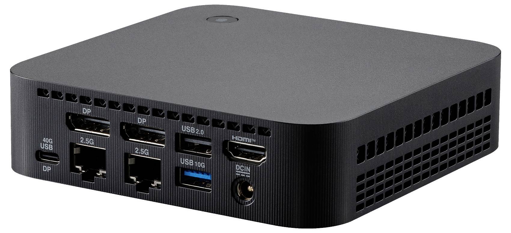 Eine graue, vertikale Spielekonsole mit zwei USB-Anschlüssen, Ein-/Ausschalter und blauen LEDs auf der Vorderseite, die auf einer sechseckigen Basis steht.